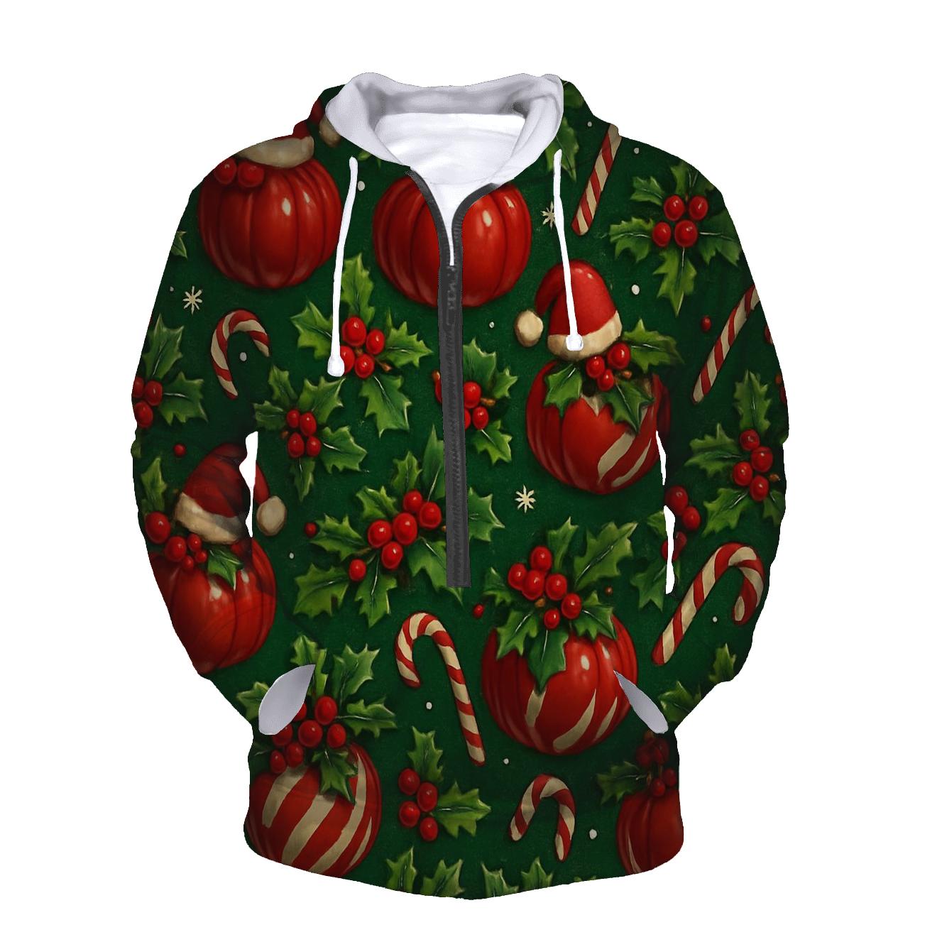 Crimson Santa Pumpkin Ornament Tessellation On Pine Green Background embroidered hoodies