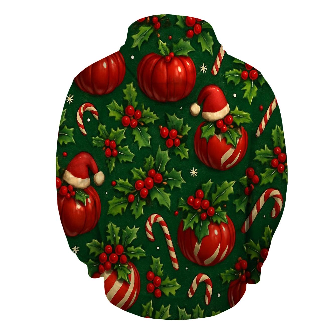 Crimson Santa Pumpkin Ornament Tessellation On Pine Green Background embroidered hoodies