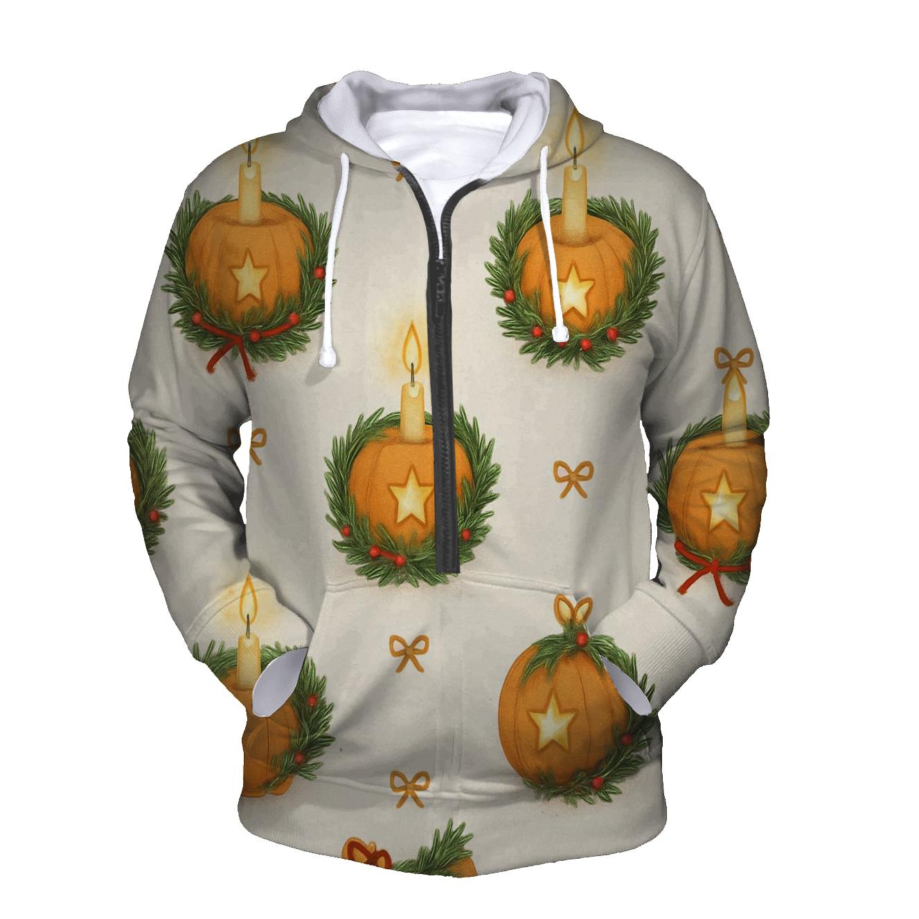Golden Candlelit Pumpkin Wreath Grid On Snow White Background premium hoodies