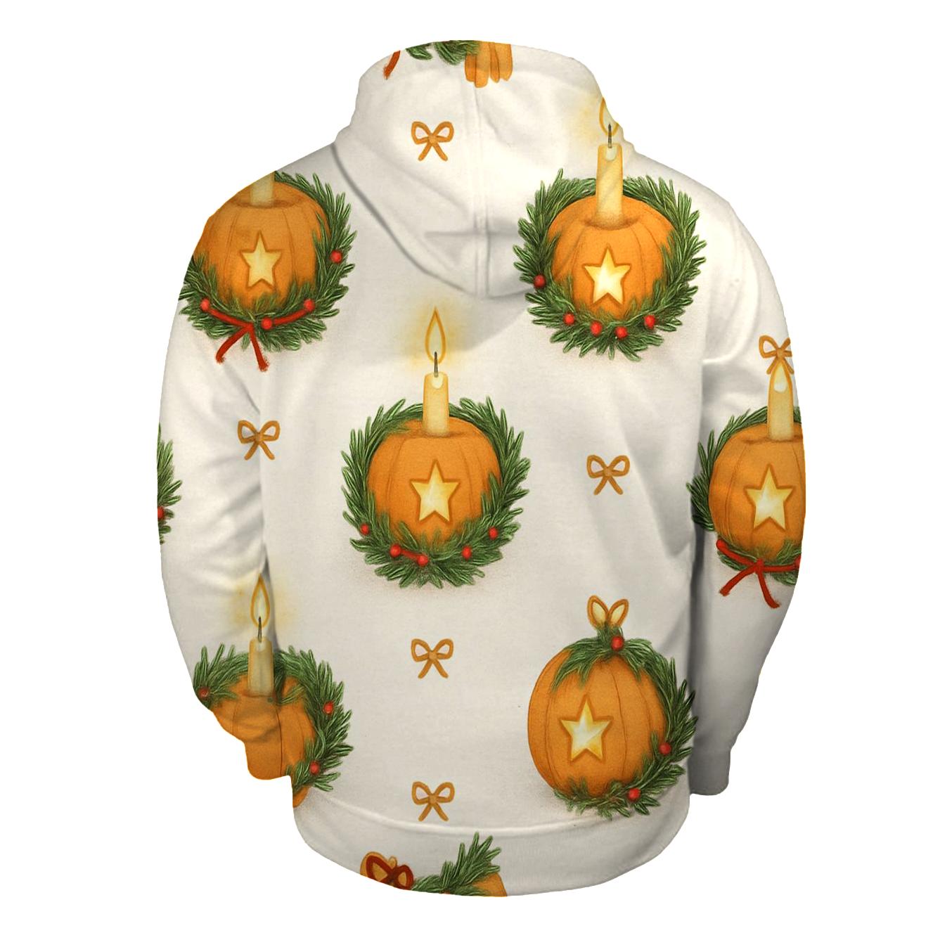 Golden Candlelit Pumpkin Wreath Grid On Snow White Background premium hoodies