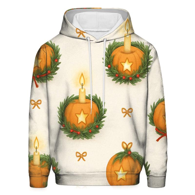 Golden Candlelit Pumpkin Wreath Grid On Snow White Background hoodies fashion