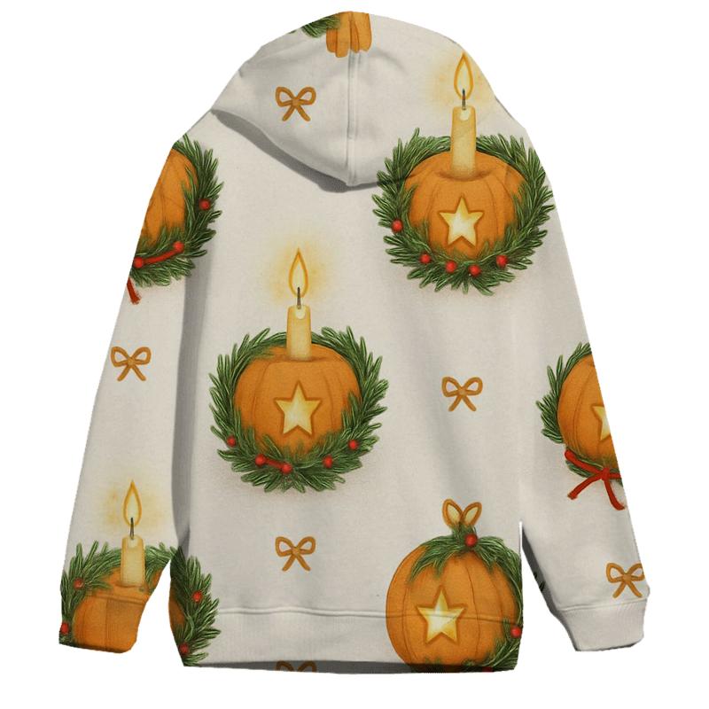 Golden Candlelit Pumpkin Wreath Grid On Snow White Background hoodies fashion