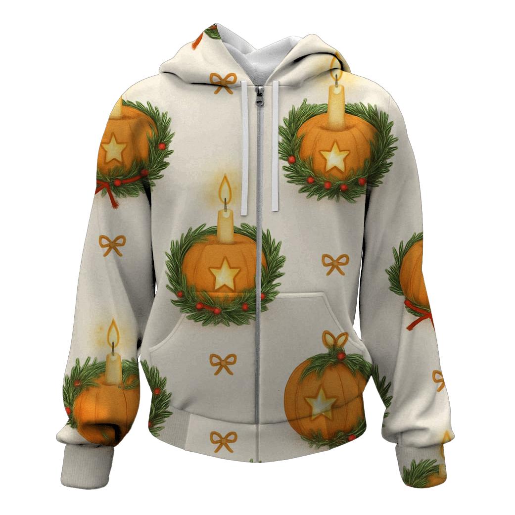 Golden Candlelit Pumpkin Wreath Grid On Snow White Background lightweight hoodies