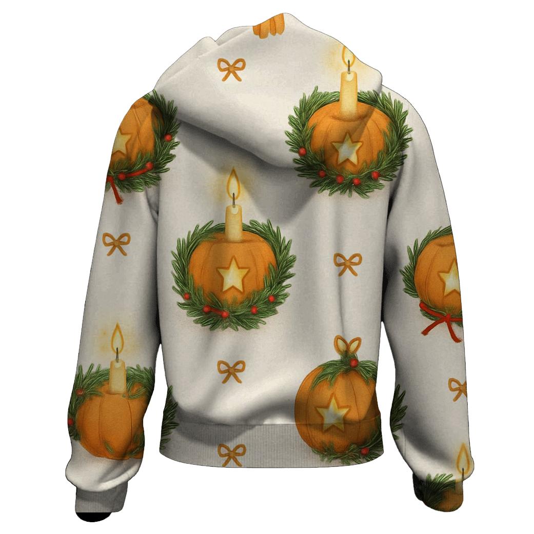 Golden Candlelit Pumpkin Wreath Grid On Snow White Background lightweight hoodies