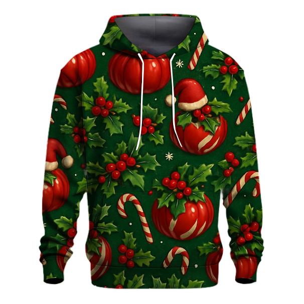 Crimson Santa Pumpkin Ornament Tessellation On Pine Green Background heavyweight hoodies