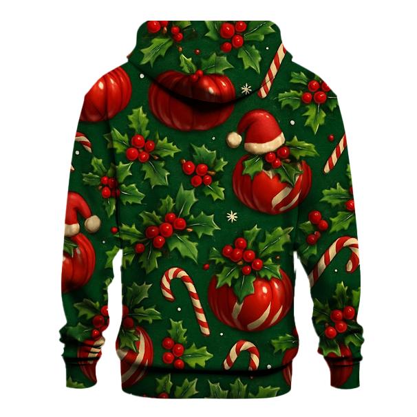 Crimson Santa Pumpkin Ornament Tessellation On Pine Green Background heavyweight hoodies