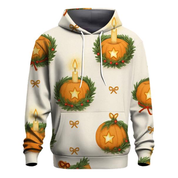 Golden Candlelit Pumpkin Wreath Grid On Snow White Background printed hoodies