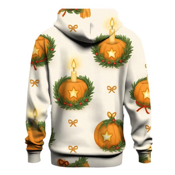 Golden Candlelit Pumpkin Wreath Grid On Snow White Background printed hoodies