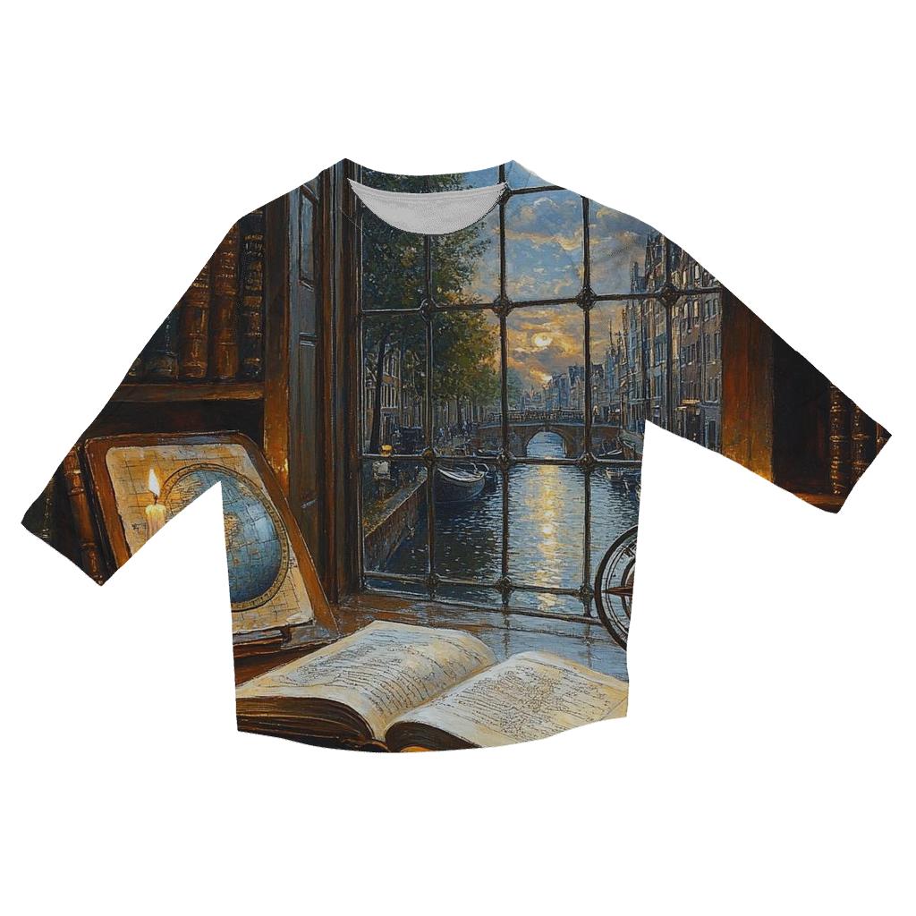 Johannes Vermeer Inspired Candlelit Library Under An Eclipse custom 3/4 sleeve shirts