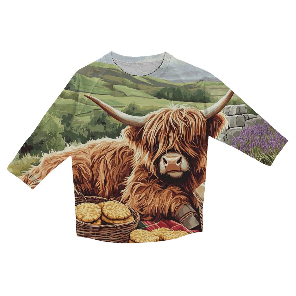 Tartan Picnic With Highland Cow casual three quarter sleeve shirts