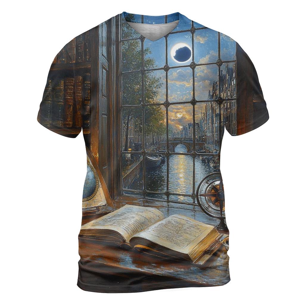 Johannes Vermeer Inspired Candlelit Library Under An Eclipse artistic all-over print tops