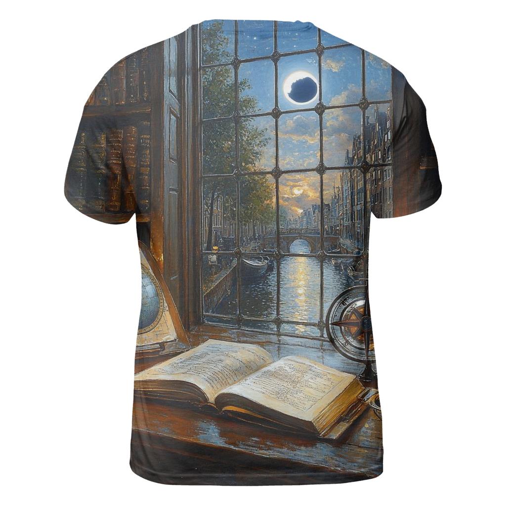 Johannes Vermeer Inspired Candlelit Library Under An Eclipse artistic all-over print tops