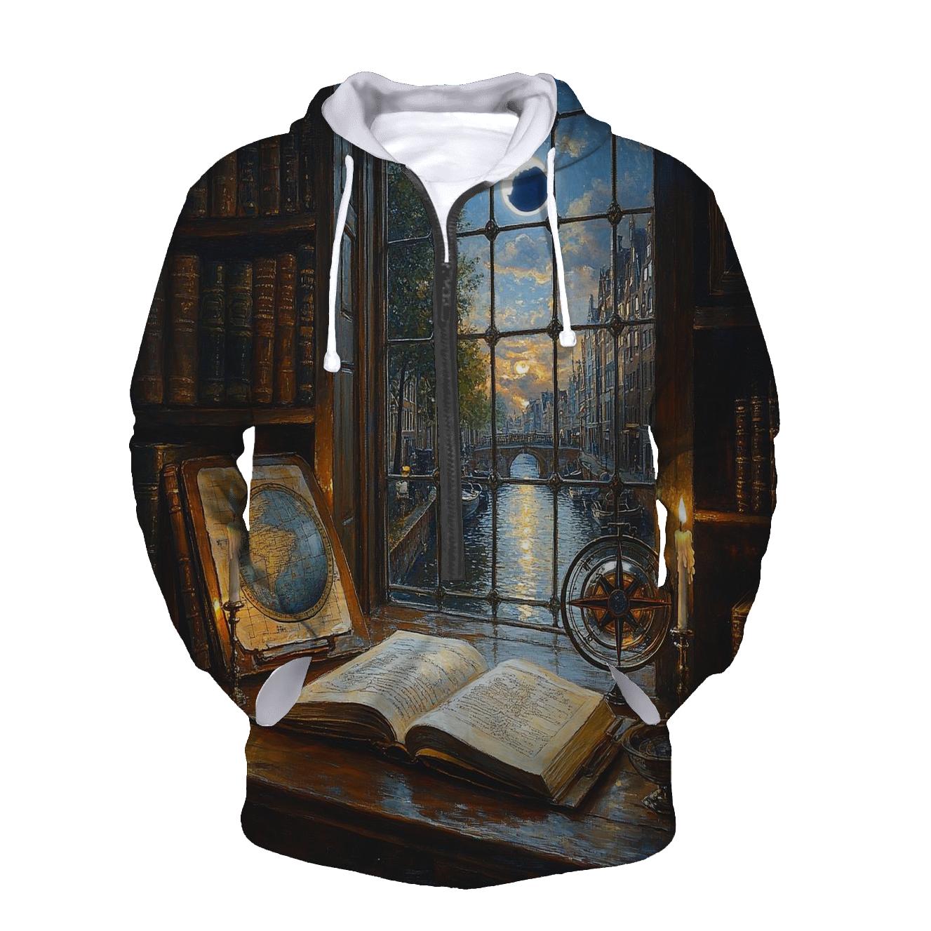 Johannes Vermeer Inspired Candlelit Library Under An Eclipse printed hoodies