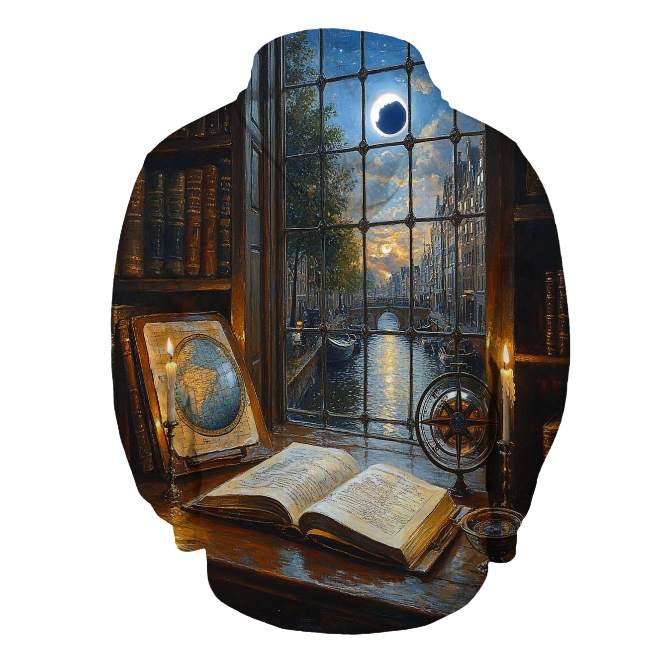 Johannes Vermeer Inspired Candlelit Library Under An Eclipse printed hoodies