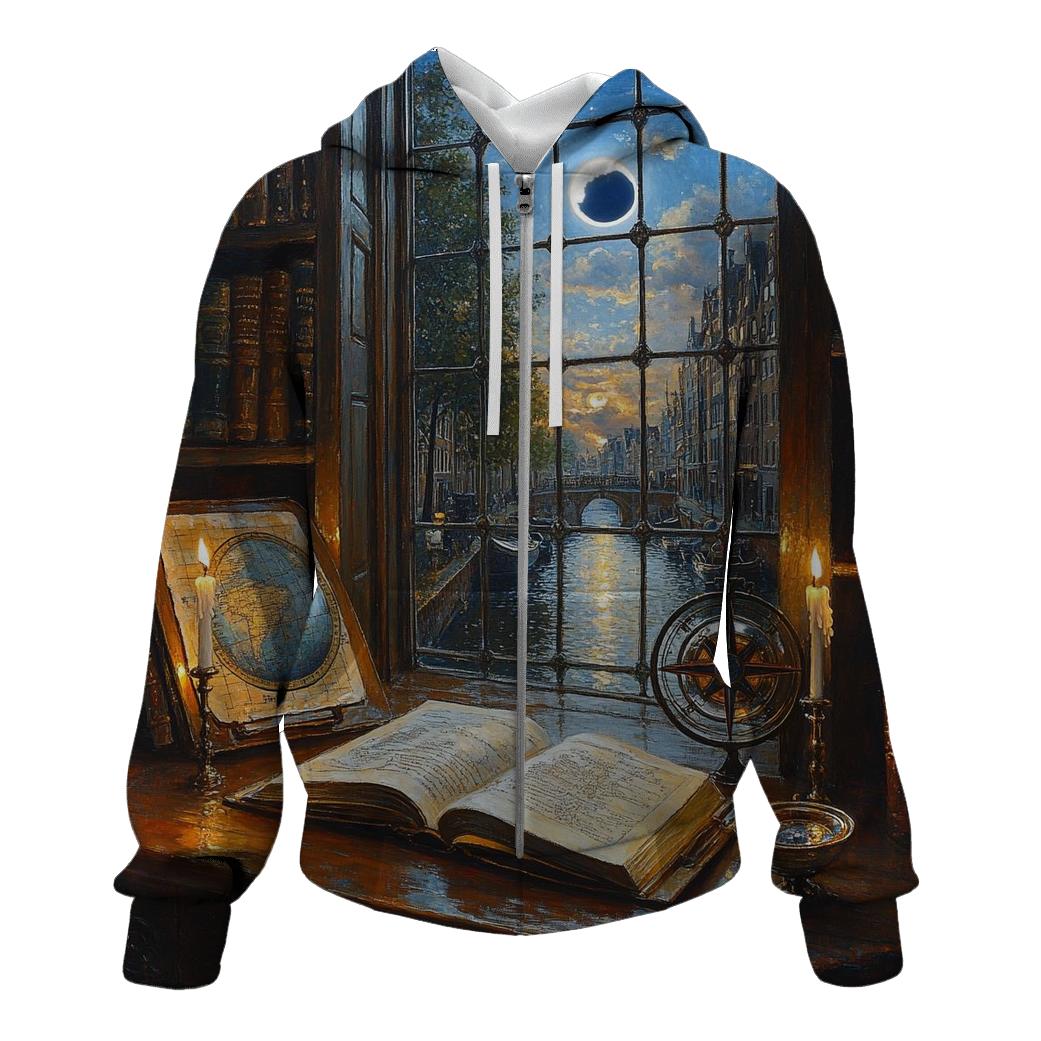 Johannes Vermeer Inspired Candlelit Library Under An Eclipse heavyweight hoodies