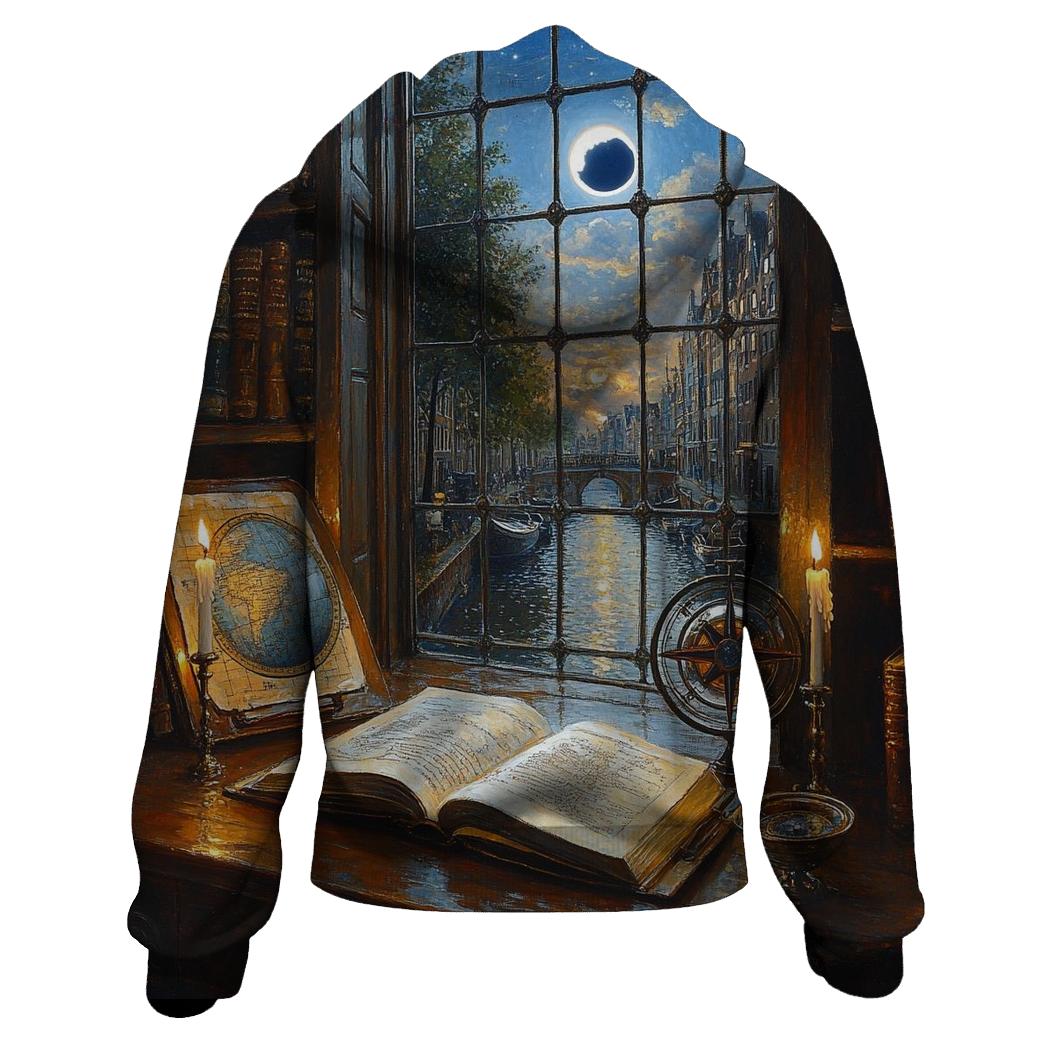 Johannes Vermeer Inspired Candlelit Library Under An Eclipse heavyweight hoodies