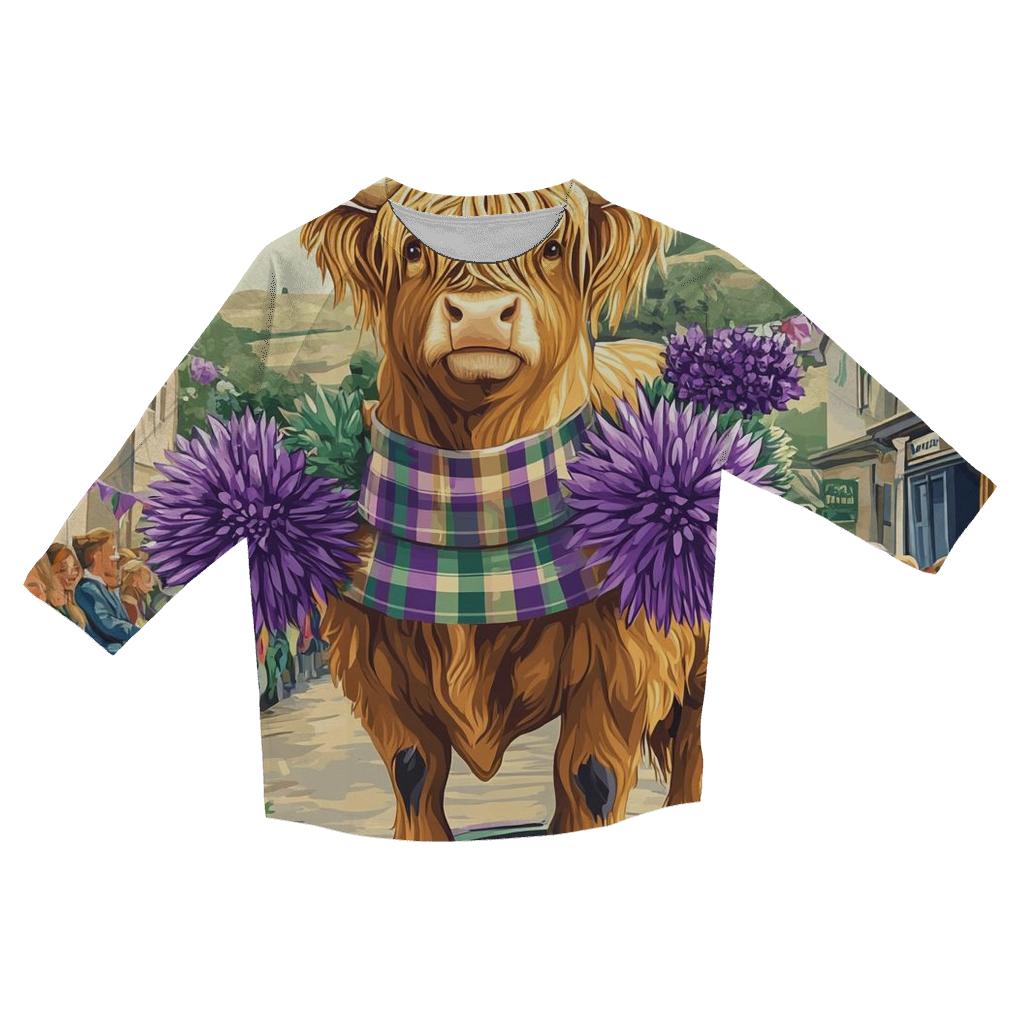 Highland Cow In Thistle Parade Float casual three quarter sleeve shirts