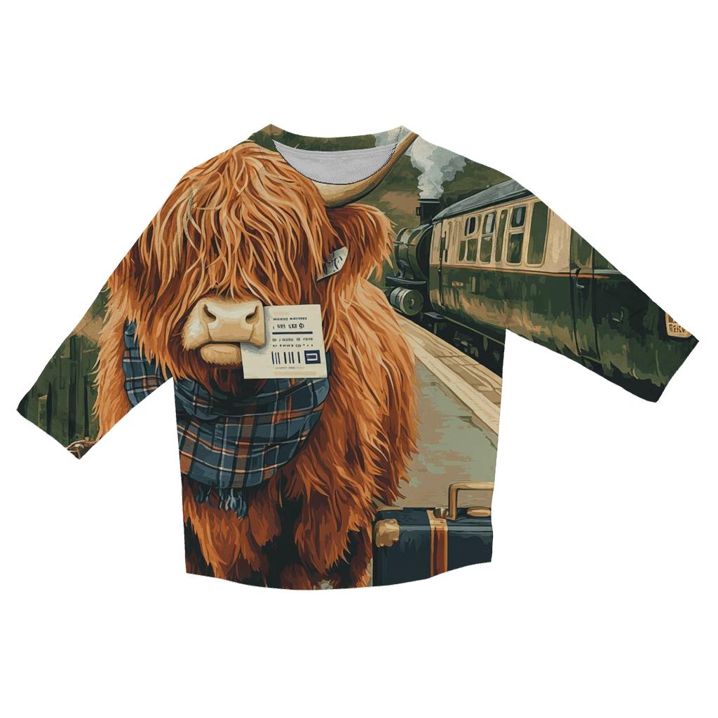 Highland Cow Railway Platform Traveler printed three quarter sleeve shirts