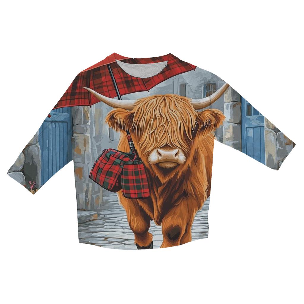 Highland Cow Rainy Day Umbrella Stroll custom 3/4 sleeve shirts