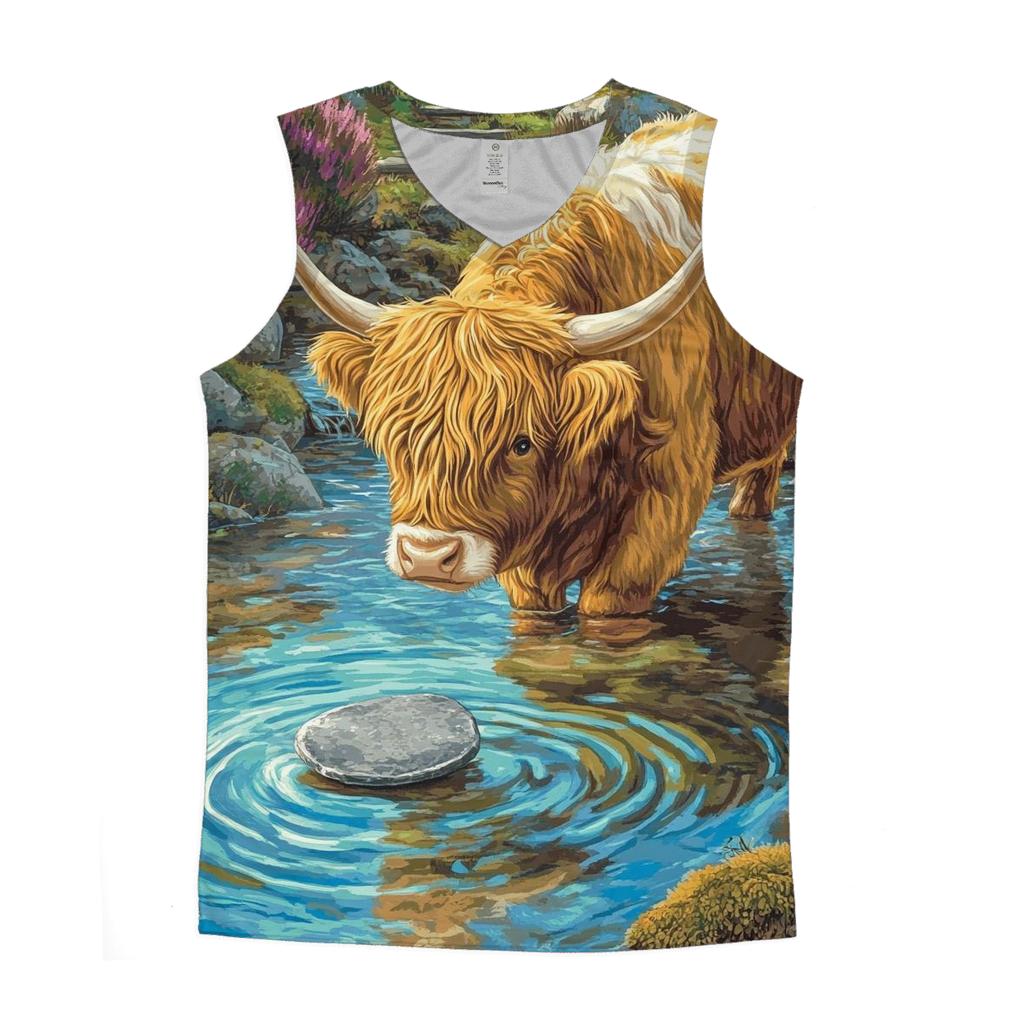 Highland Cow River Stone Skipper graphic print tank tops