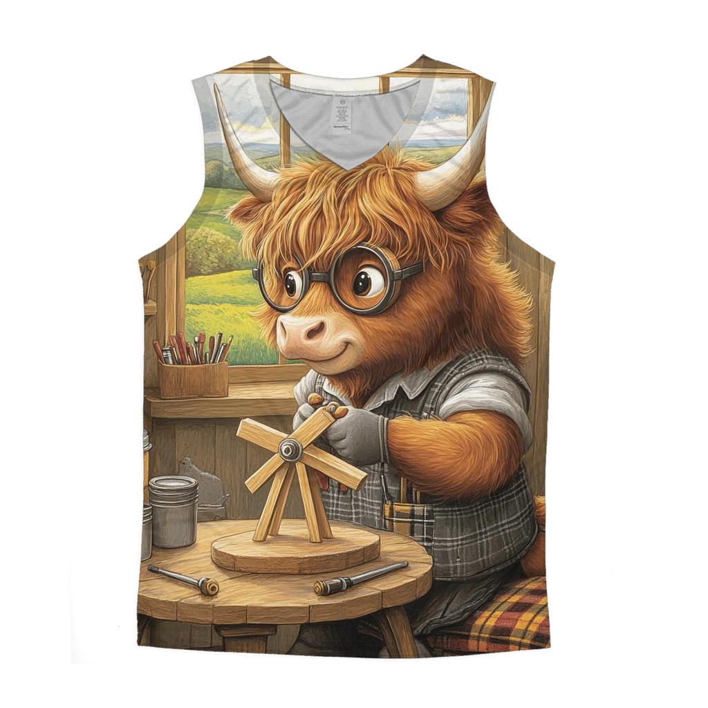 Highland Cow Workshop Tool Shed Inventor graphic print tank tops