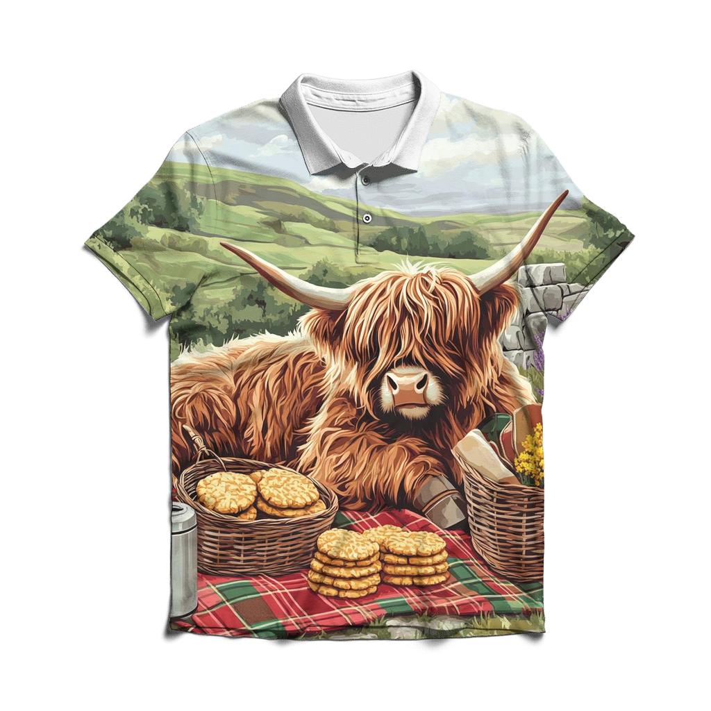 Tartan Picnic With Highland Cow premium cotton polo shirts