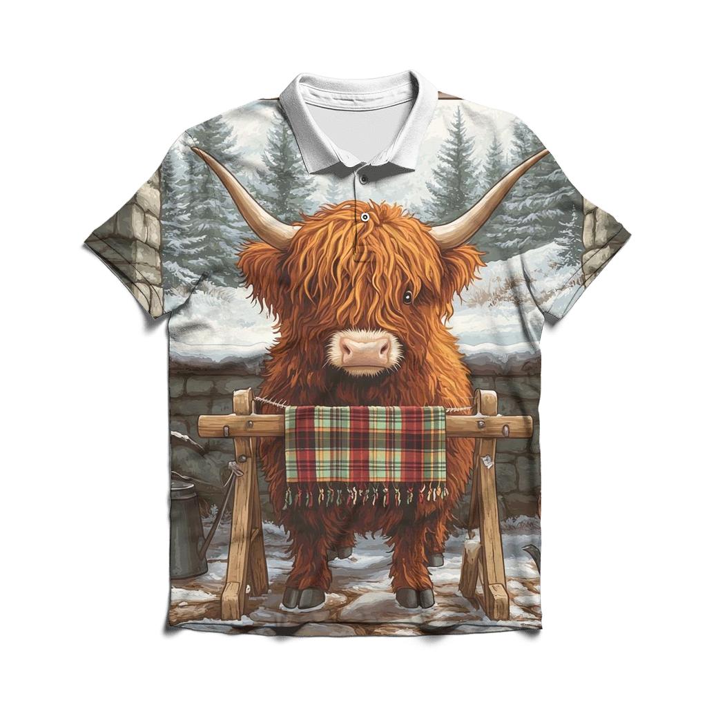 Highland Cow In Winter Knit Workshop casual sports polo shirts
