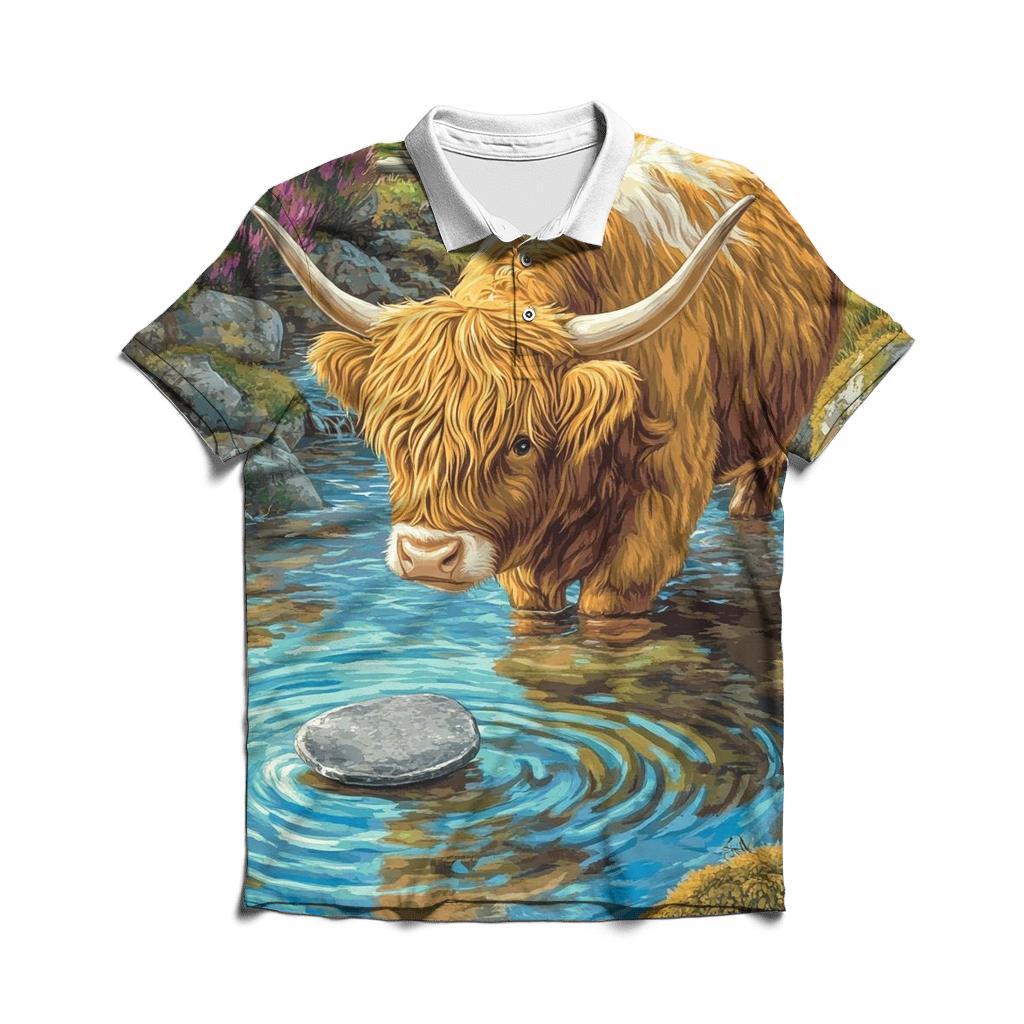 Highland Cow River Stone Skipper premium cotton polo shirts