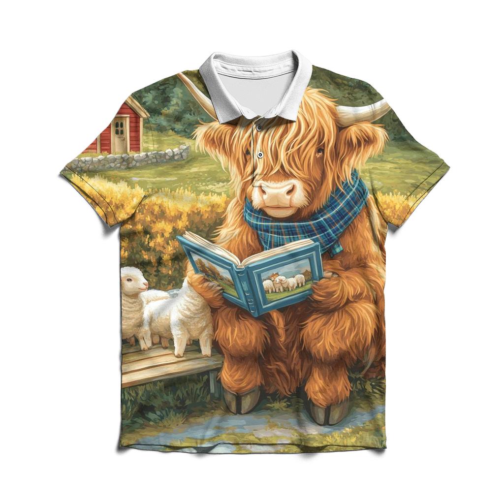 Highland Cow Schoolyard Storytime custom polo shirts