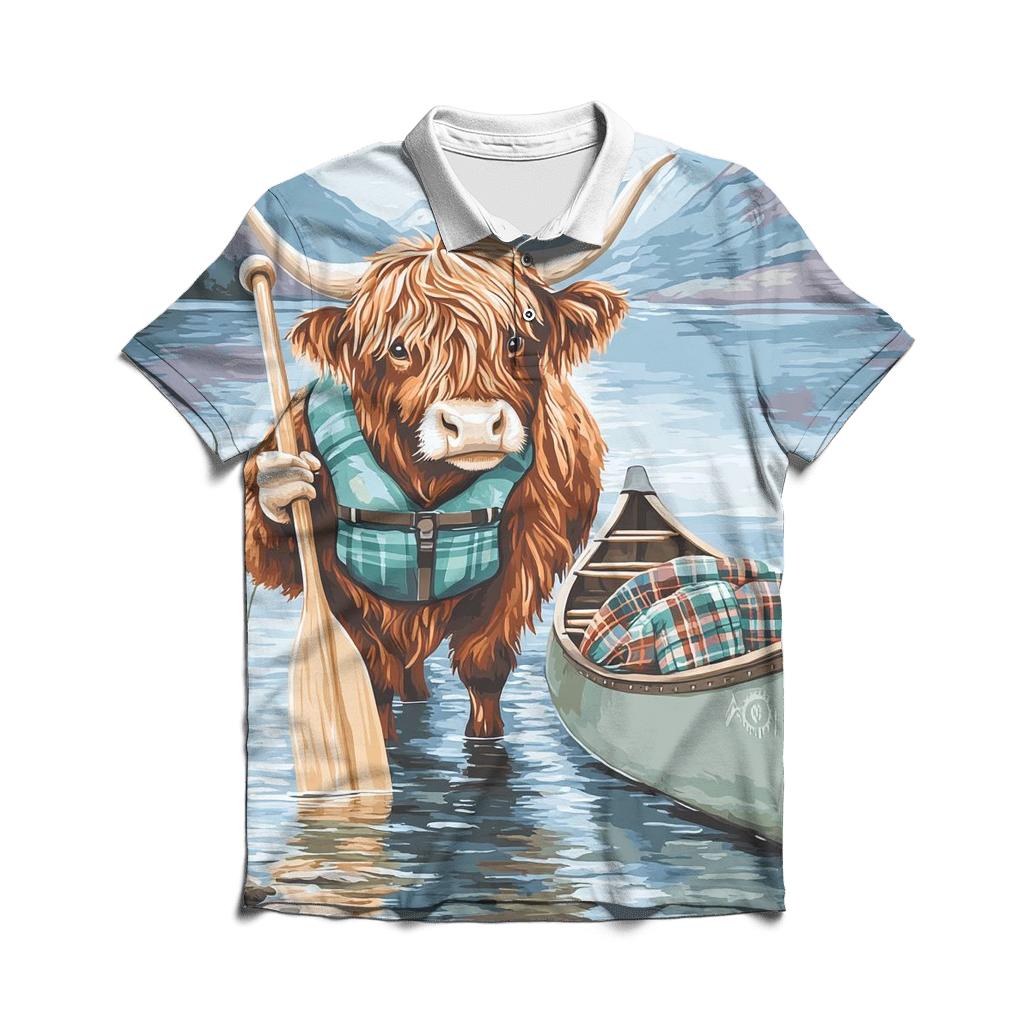 Highland Cow Lochside Canoe Guide designer slim fit polos