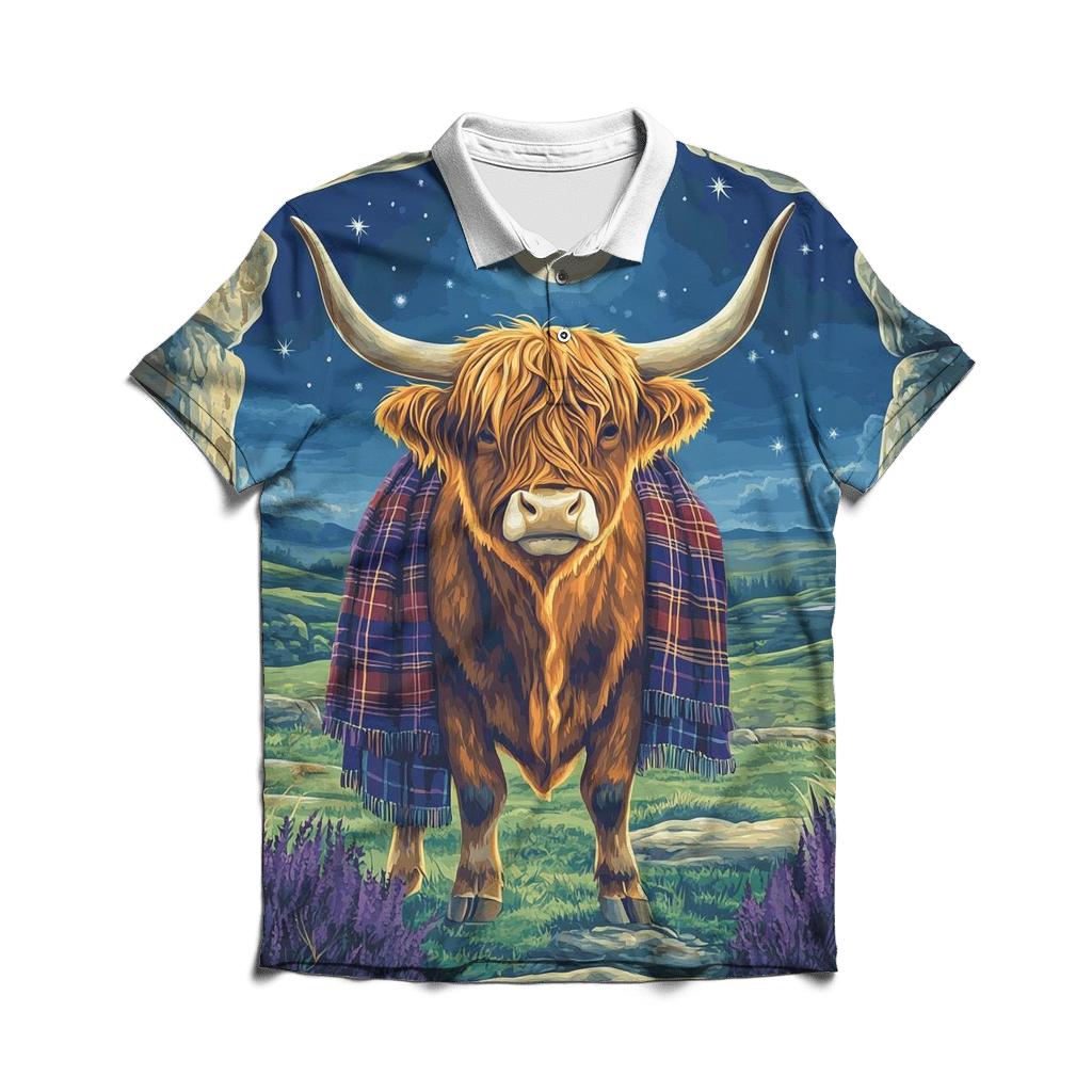 Highland Cow Moonlit Stone Circle Sentinel premium cotton polo shirts
