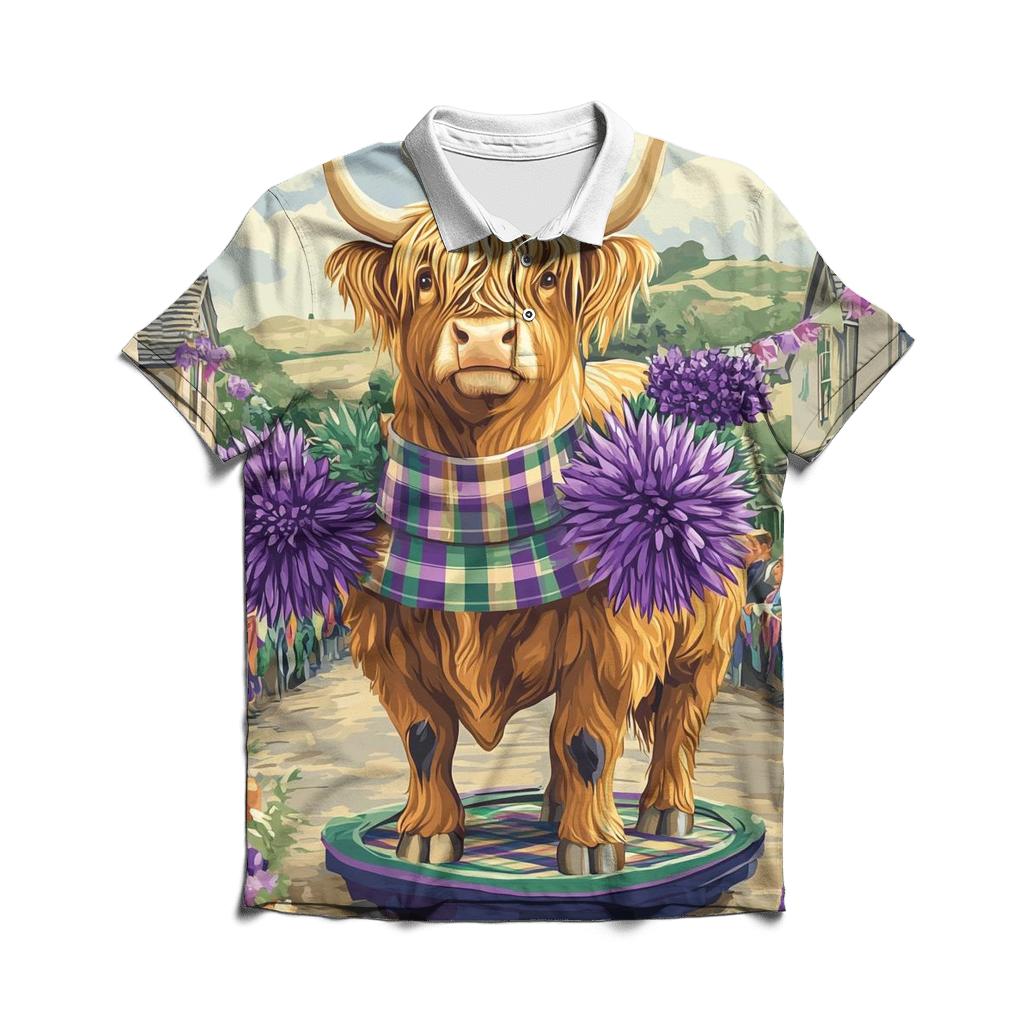 Highland Cow In Thistle Parade Float designer slim fit polos
