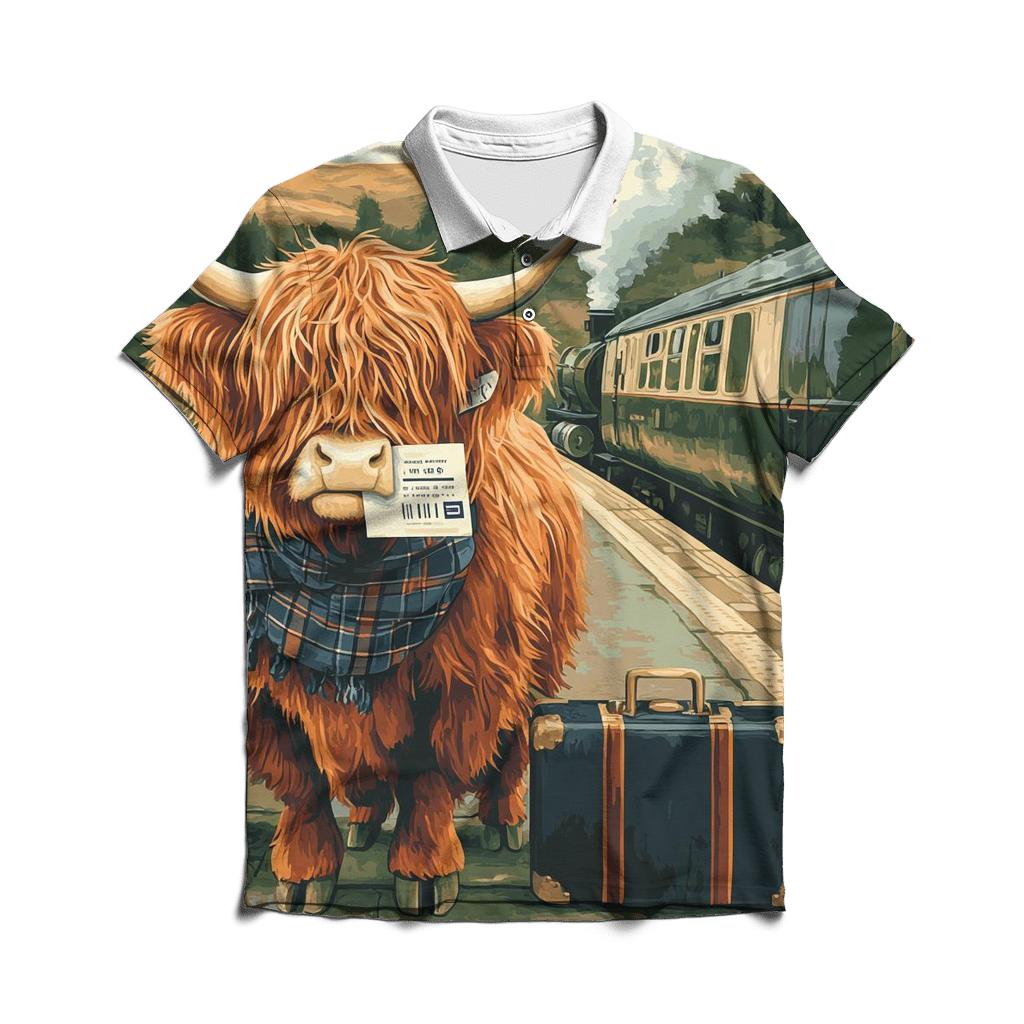 Highland Cow Railway Platform Traveler casual sports polo shirts