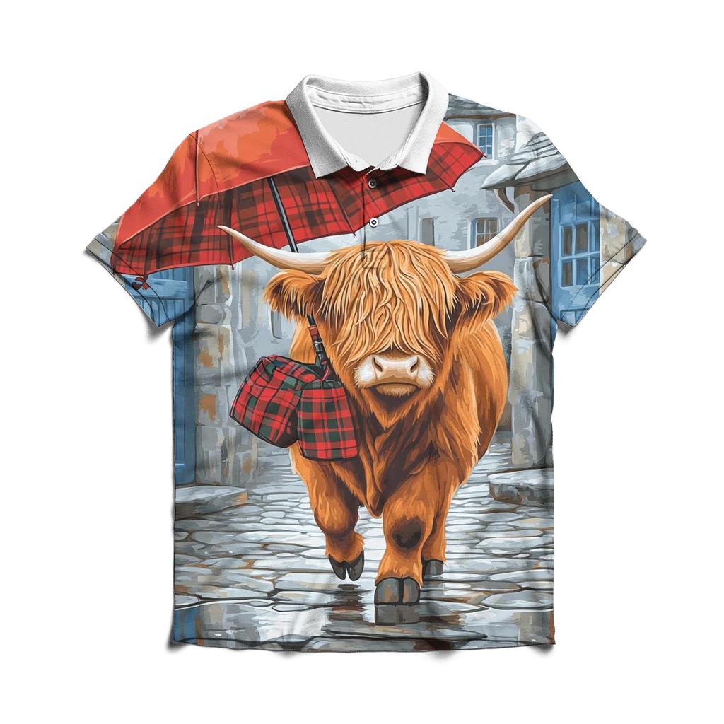 Highland Cow Rainy Day Umbrella Stroll personalized polo shirts