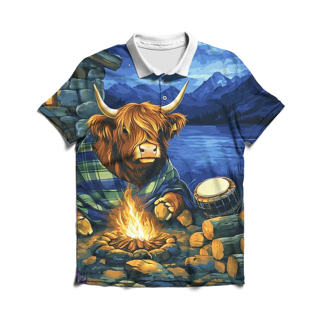 Highland Cow Mountain Bothy Music Night premium cotton polo shirts
