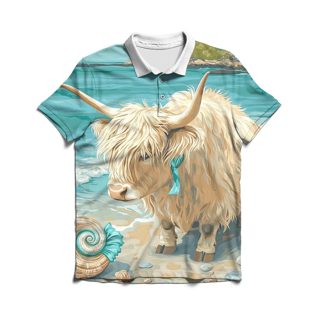 Highland Cow Seaside Shell Collector custom polo shirts