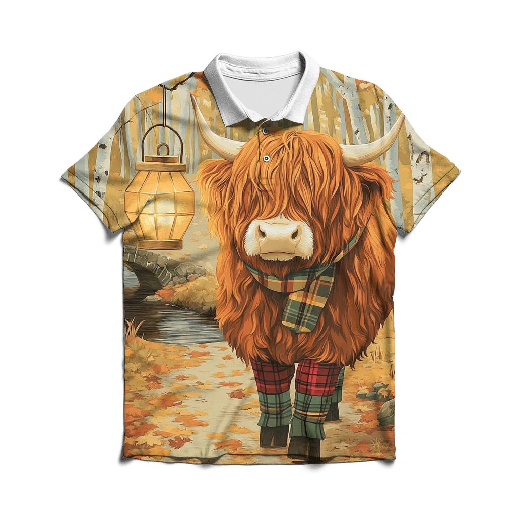 Highland Cow Autumn Leaf Lantern Walk personalized polo shirts