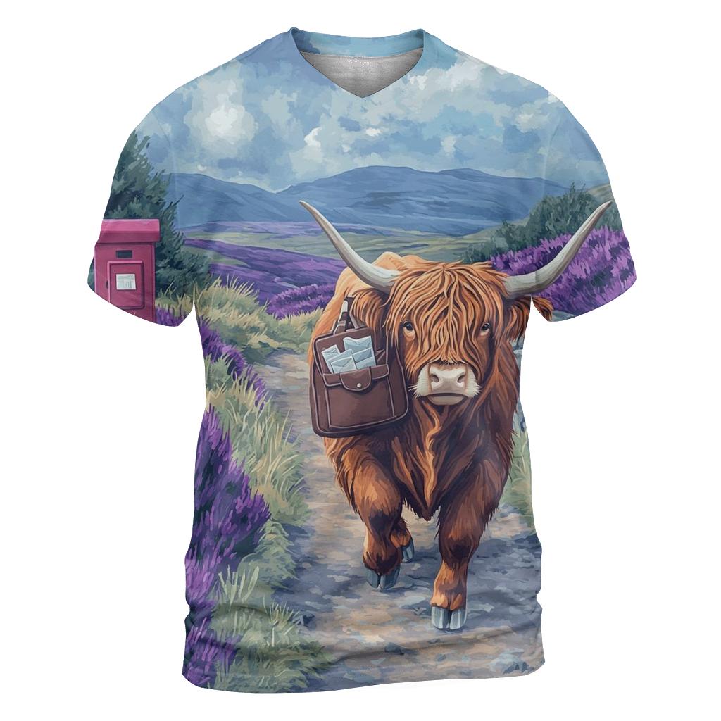 Moorland Mail Run Highland Cow designer pattern shirts