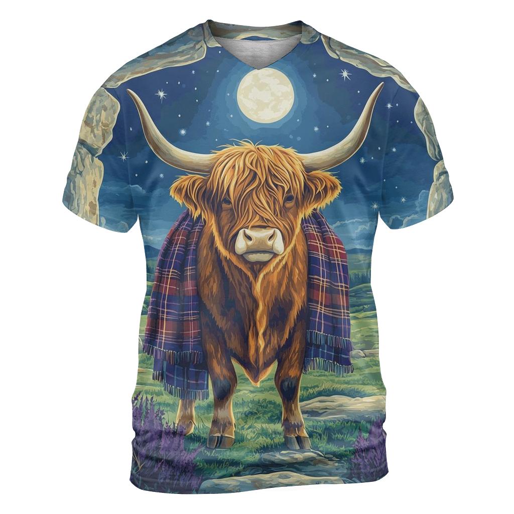 Highland Cow Moonlit Stone Circle Sentinel artistic all-over print tops