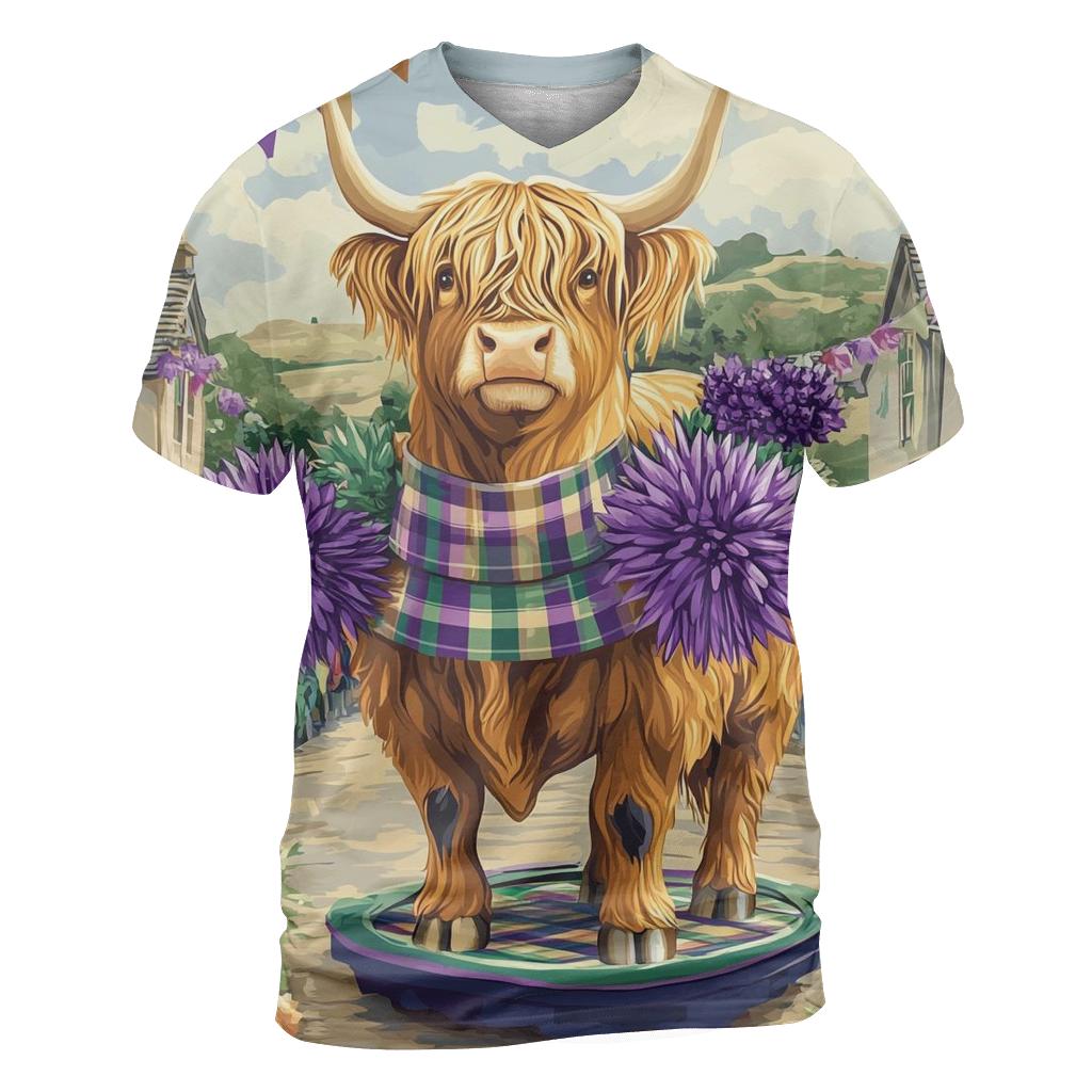 Highland Cow In Thistle Parade Float vibrant all-over design tees