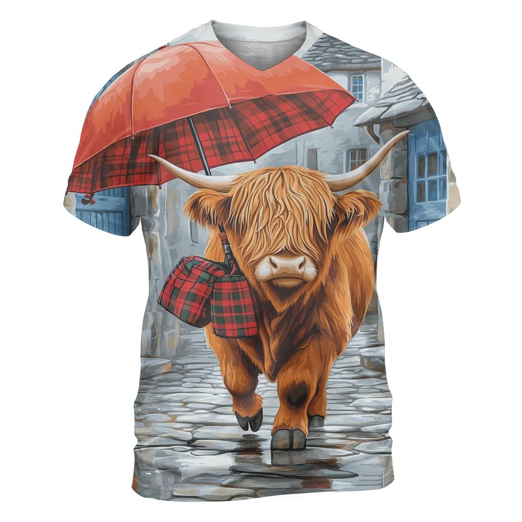 Highland Cow Rainy Day Umbrella Stroll artistic all-over print tops