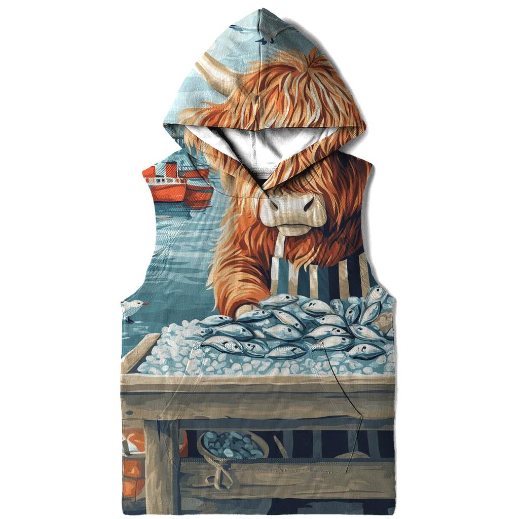 Highland Cow Harbor Fishmonger printed hoodies