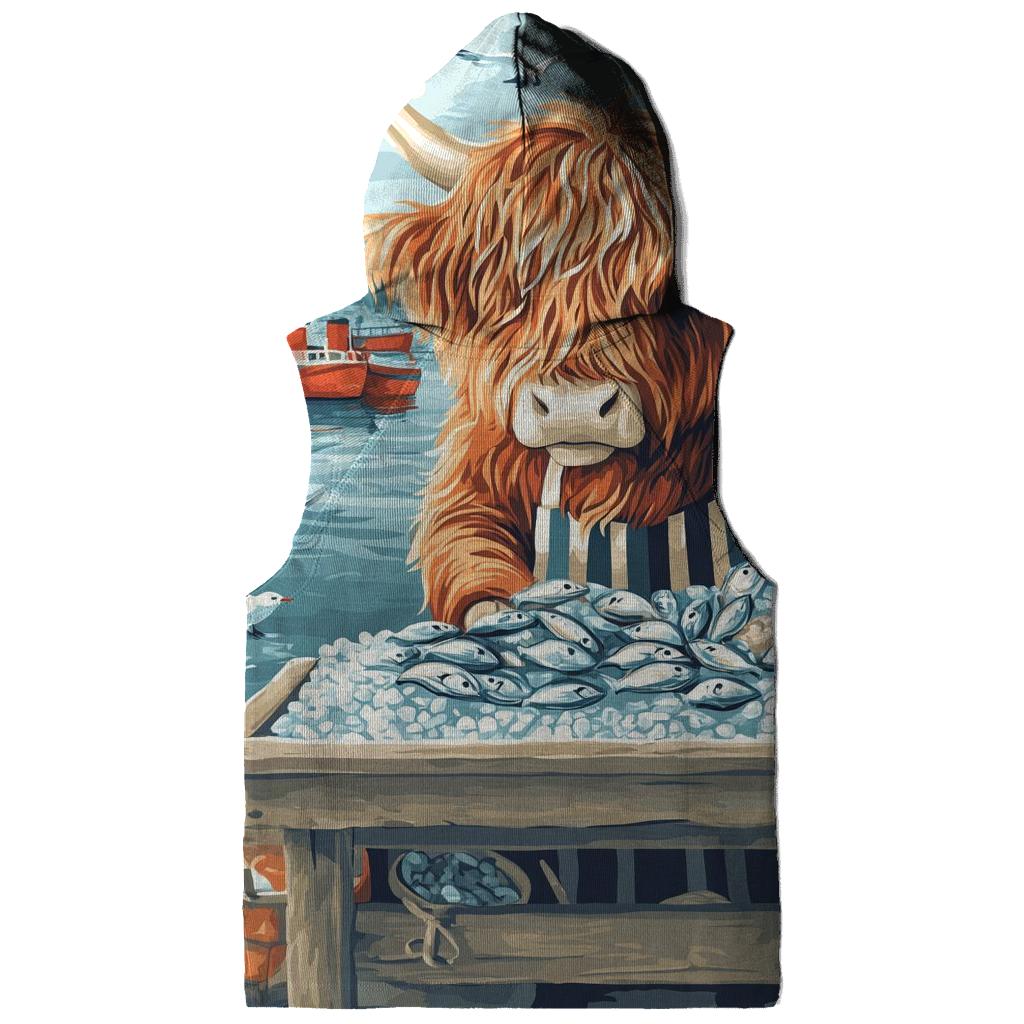 Highland Cow Harbor Fishmonger printed hoodies