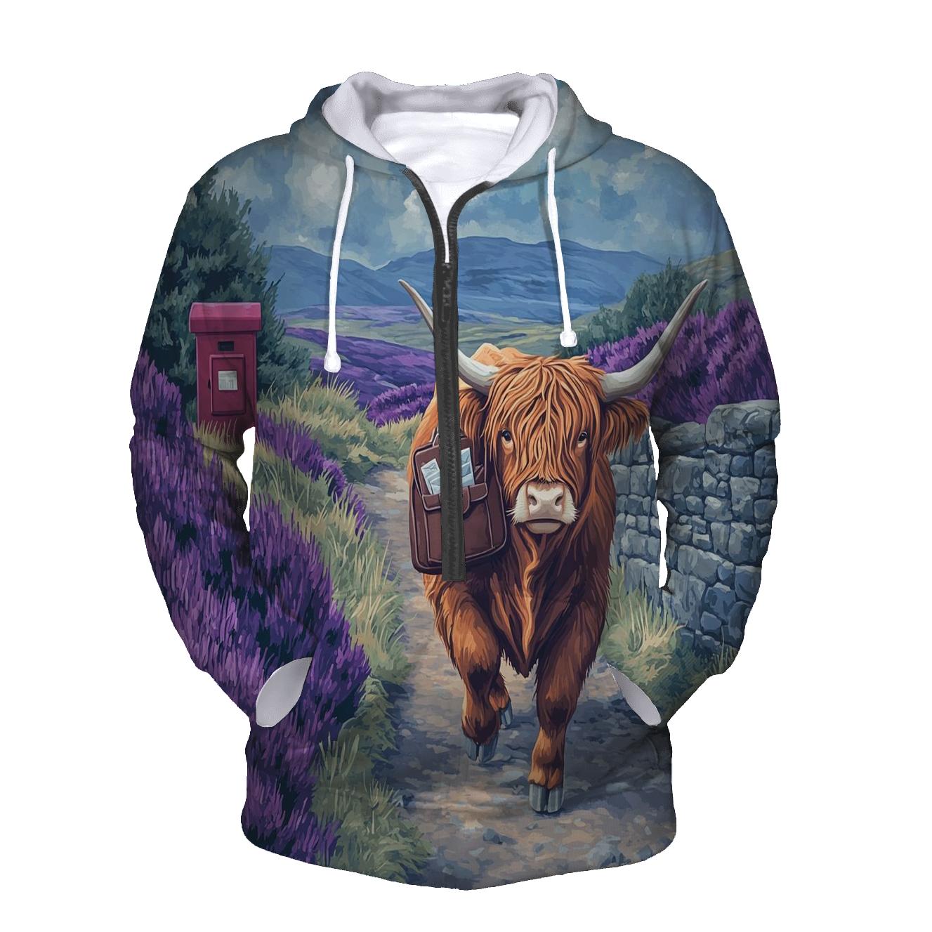 Moorland Mail Run Highland Cow zip-up hoodies