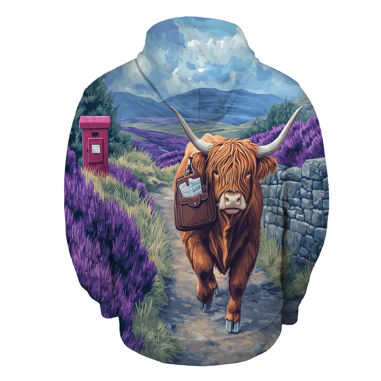 Moorland Mail Run Highland Cow zip-up hoodies