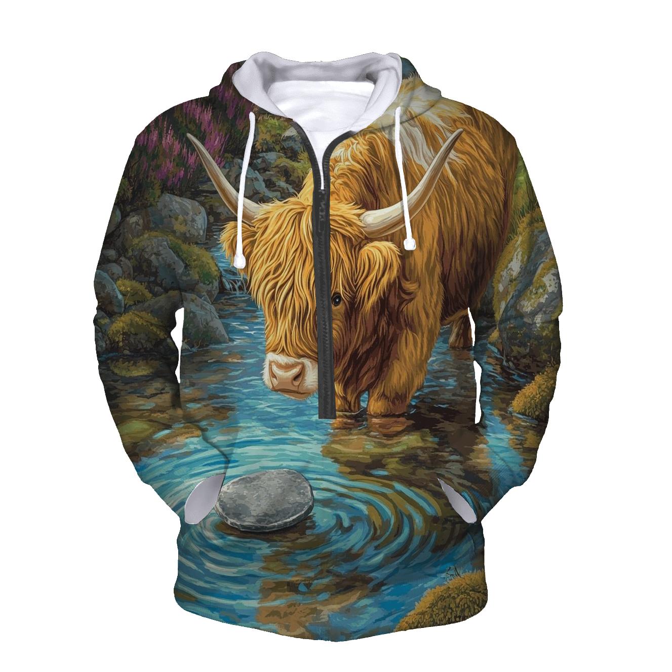 Highland Cow River Stone Skipper premium hoodies