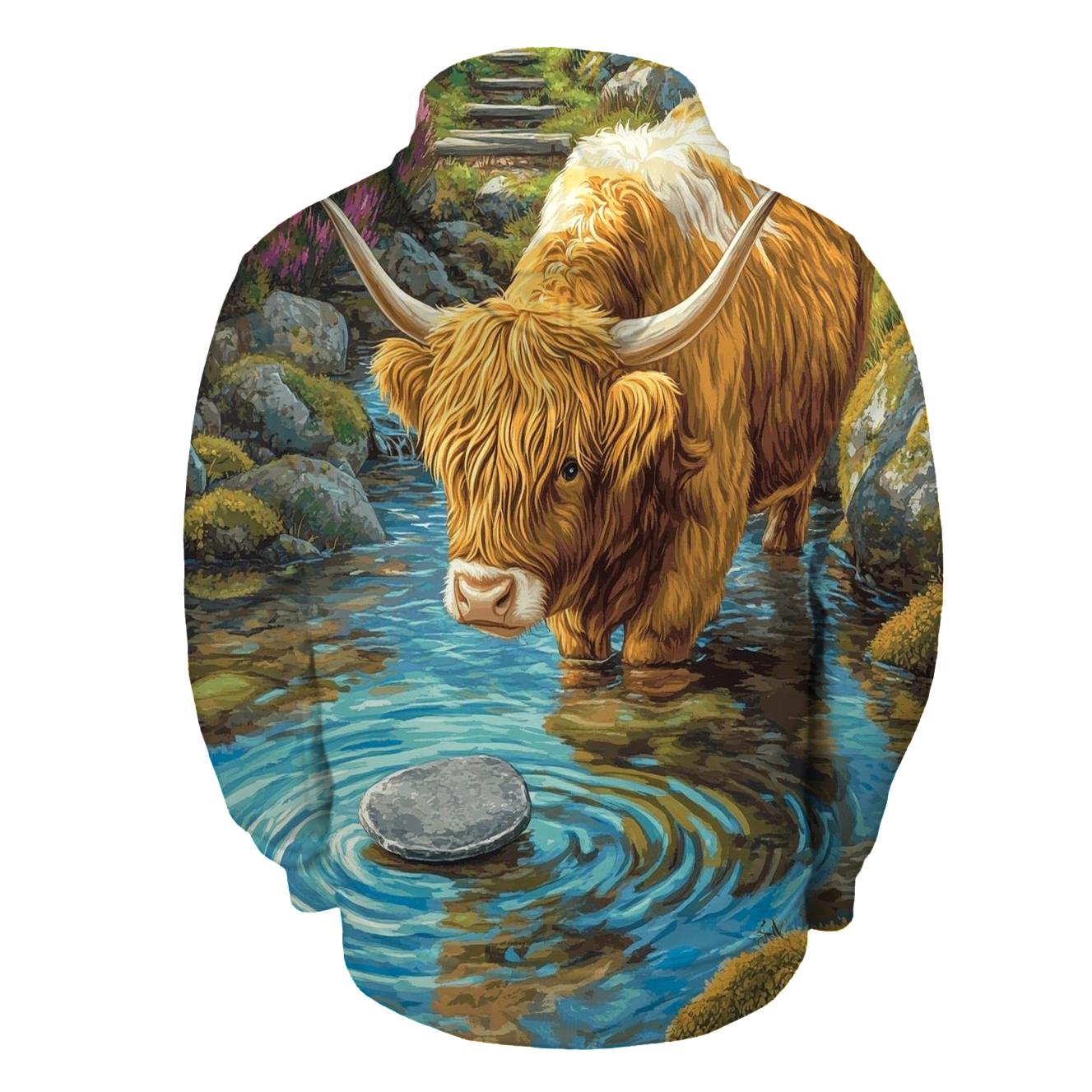 Highland Cow River Stone Skipper premium hoodies