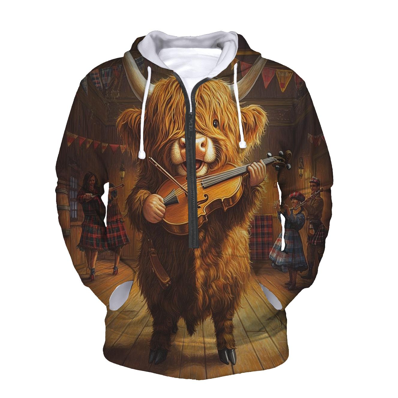 Ceilidh Fiddle Highland Cow graphic hoodies