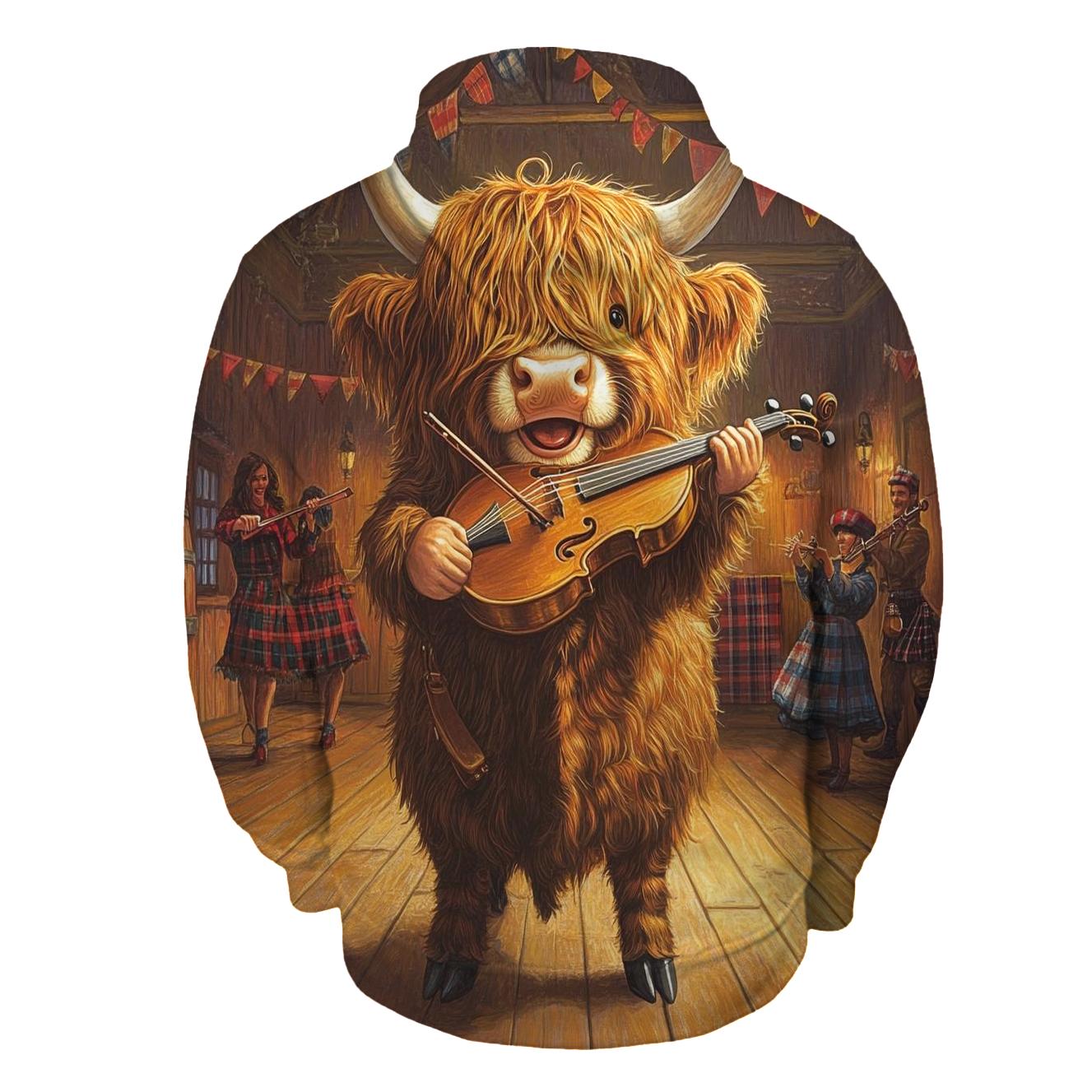 Ceilidh Fiddle Highland Cow graphic hoodies