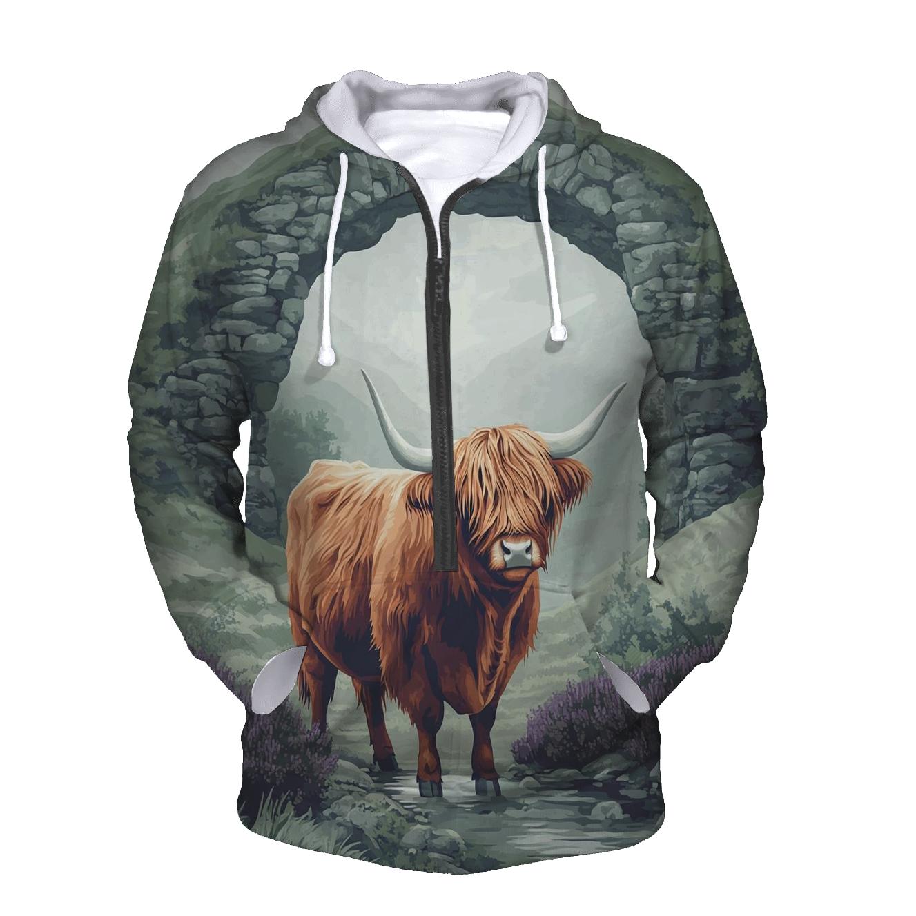 Highland Cow In Mist Gate Glen heavyweight hoodies